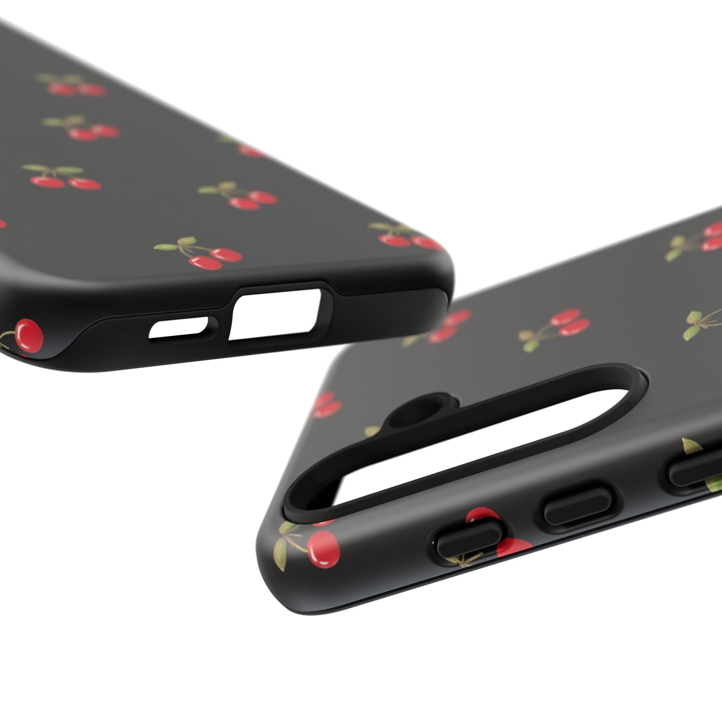Cherry Pattern Phone Case — Slim Black Protective iPhone Case with Red Cherries for Iphone, Samsung Galaxy and Pixel