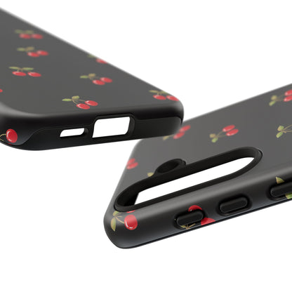 Cherry Pattern Phone Case — Slim Black Protective iPhone Case with Red Cherries for Iphone, Samsung Galaxy and Pixel