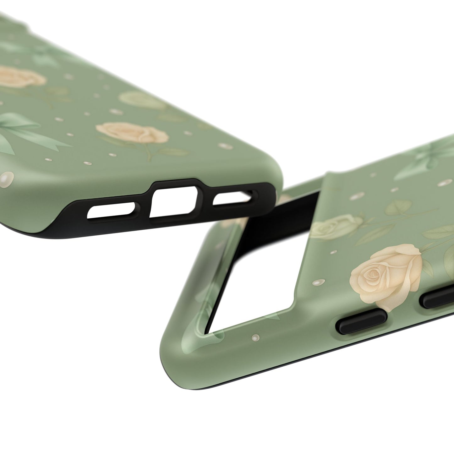 Vintage Rose Bow Phone Case – Sage Green Floral Coquette Aesthetic Tough Case (iPhone, Samsung, Pixel)