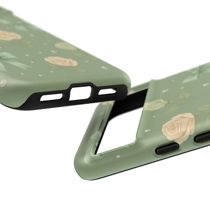 Vintage Rose Bow Phone Case – Sage Green Floral Coquette Aesthetic Tough Case (iPhone, Samsung, Pixel)