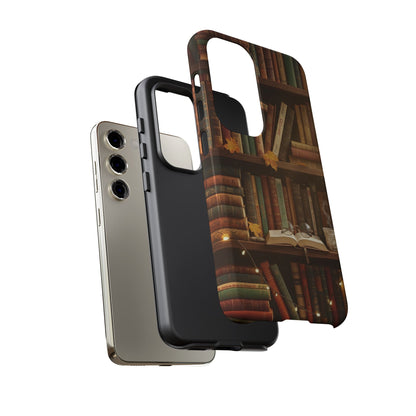 Cozy Vintage Bookshelf Phone Case, Library Aesthetic Book Stack, Autumn Coffee Vibes (iPhone, Samsung, Pixel)