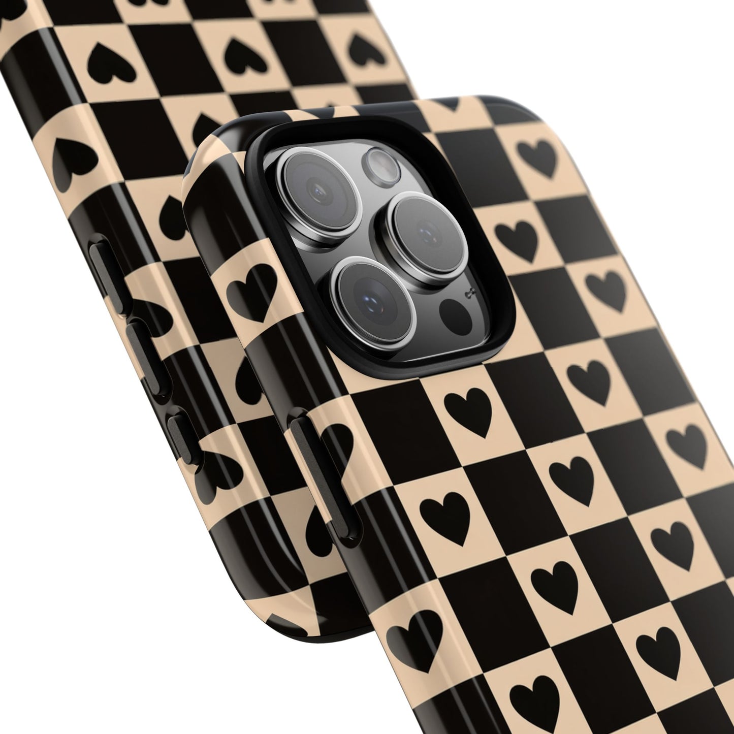 Checkerboard Heart Phone Case – Black & Beige Cute Aesthetic Protective Cover for Iphone, Samsung Galaxy and Pixel