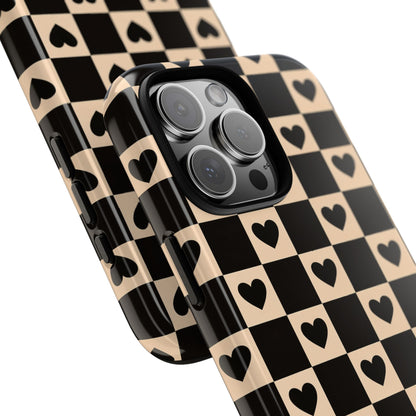 Checkerboard Heart Phone Case – Black & Beige Cute Aesthetic Protective Cover for Iphone, Samsung Galaxy and Pixel