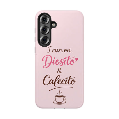 I Run on Diosito y Cafecito Phone Case, Pink Aesthetic Latina Faith Coffee Case, Girly Protective iPhone Samsung Cover