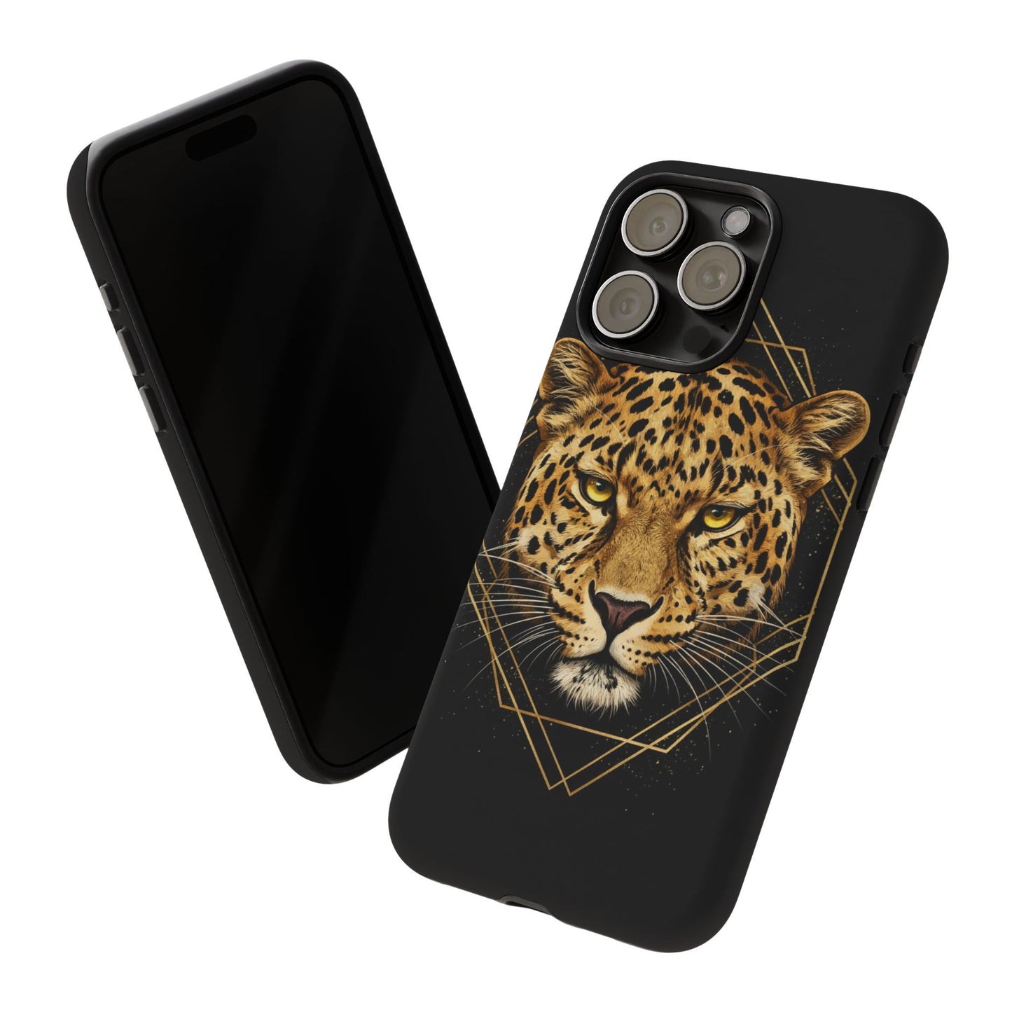 Leopard Head Geometric Phone Case – Black & Gold Luxe Tough Case