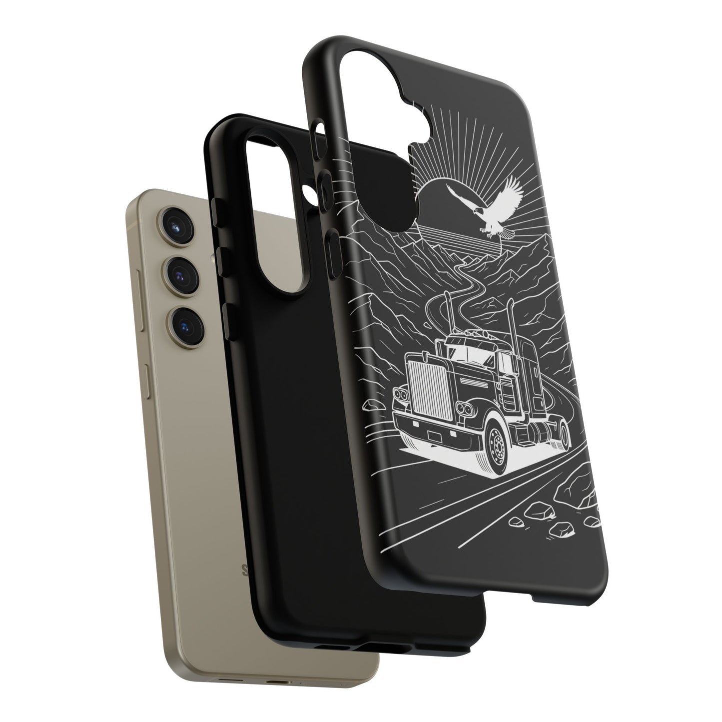 Trucker Highway Phone Case | Eagle & Mountain Line Art | Black Western Tough Case