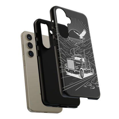 Trucker Highway Phone Case | Eagle & Mountain Line Art | Black Western Tough Case