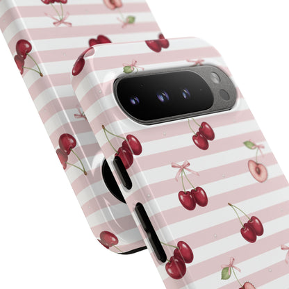 Pink Cherry Stripe Phone Case | Cute Coquette Aesthetic Protective Tough Case