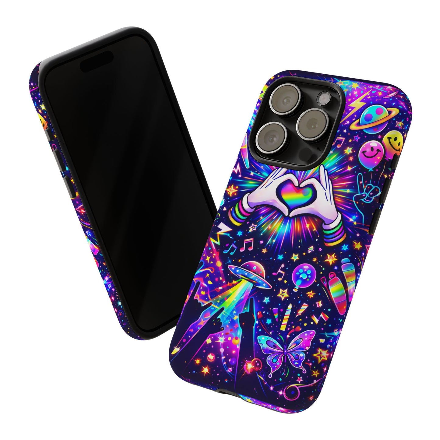 Rainbow Heart Hands Phone Case – Neon Galaxy EDM Festival Tough Cover