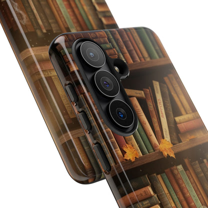 Cozy Vintage Bookshelf Phone Case, Library Aesthetic Book Stack, Autumn Coffee Vibes (iPhone, Samsung, Pixel)