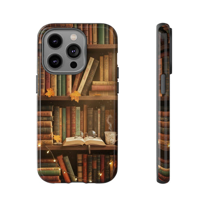 Cozy Vintage Bookshelf Phone Case, Library Aesthetic Book Stack, Autumn Coffee Vibes (iPhone, Samsung, Pixel)