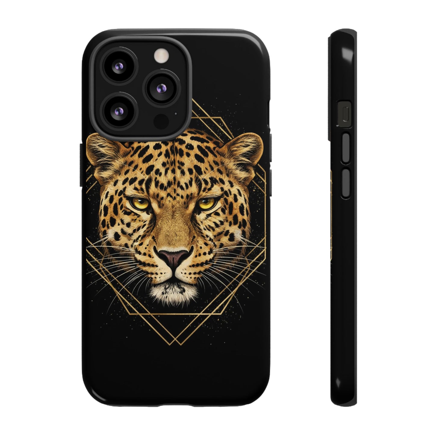 Leopard Head Geometric Phone Case – Black & Gold Luxe Tough Case