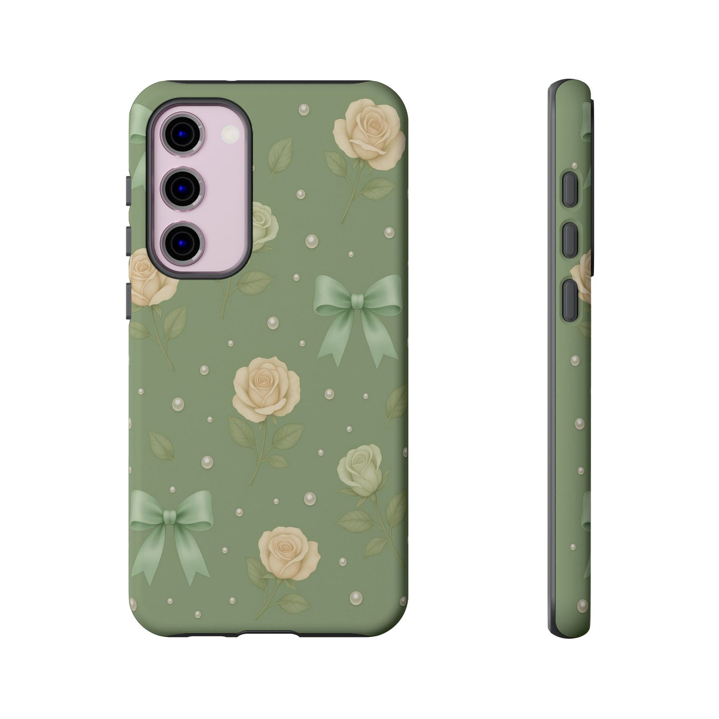 Vintage Rose Bow Phone Case – Sage Green Floral Coquette Aesthetic Tough Case (iPhone, Samsung, Pixel)