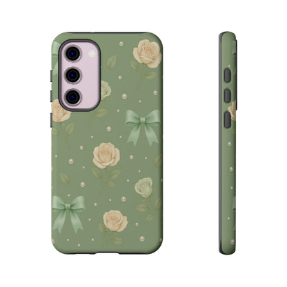 Vintage Rose Bow Phone Case – Sage Green Floral Coquette Aesthetic Tough Case (iPhone, Samsung, Pixel)