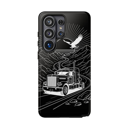 Trucker Highway Phone Case | Eagle & Mountain Line Art | Black Western Tough Case