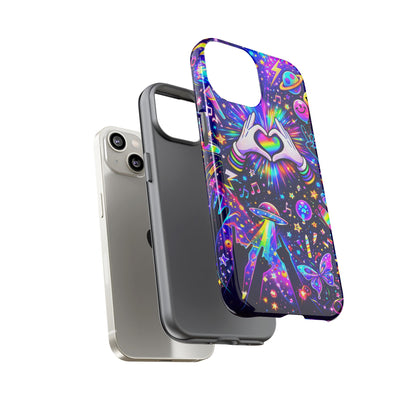 Rainbow Heart Hands Phone Case – Neon Galaxy EDM Festival Tough Cover