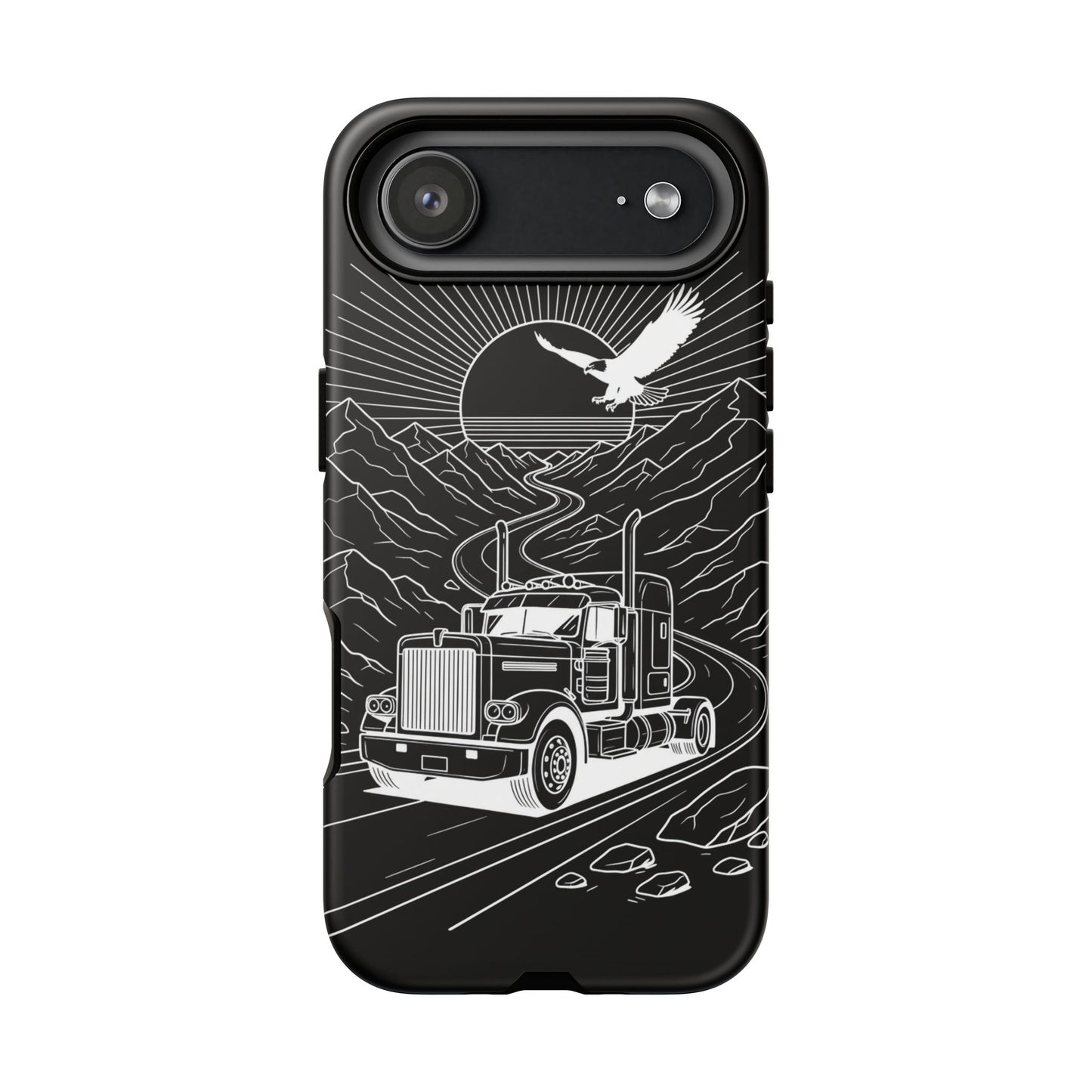 Trucker Highway Phone Case | Eagle & Mountain Line Art | Black Western Tough Case
