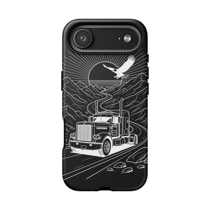 Trucker Highway Phone Case | Eagle & Mountain Line Art | Black Western Tough Case