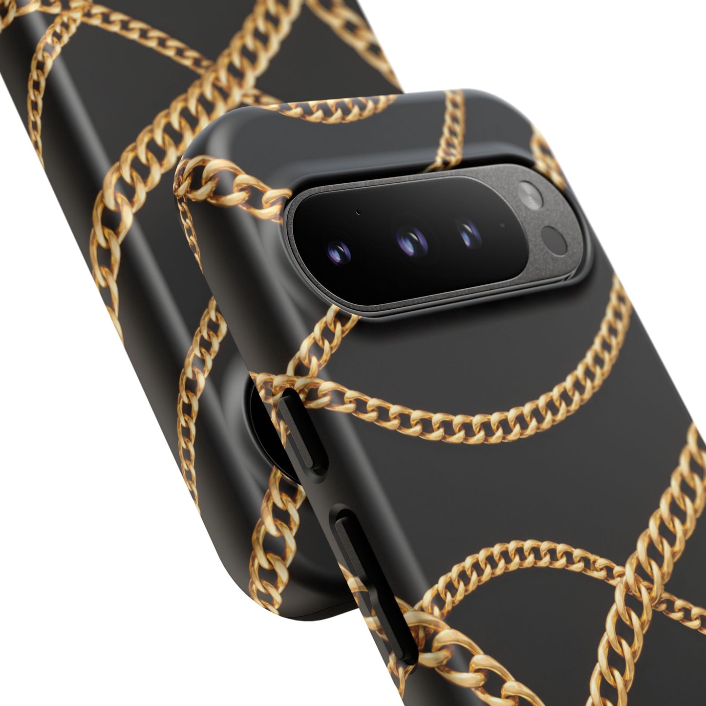 Luxury Gold Chain Phone Case – Black Designer Style Tough Protective Cover for Iphone, Samsung Galaxy and Pixel