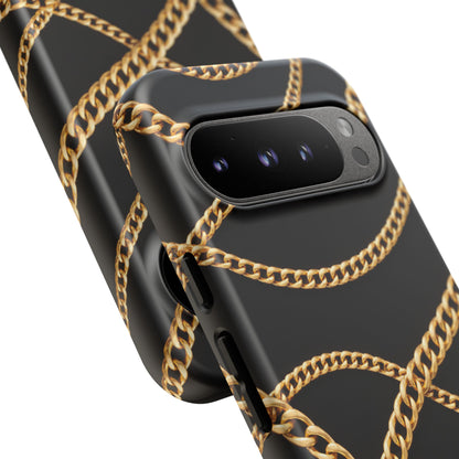 Luxury Gold Chain Phone Case – Black Designer Style Tough Protective Cover for Iphone, Samsung Galaxy and Pixel