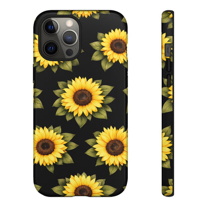 Sunflower Floral Tough Phone Case – Black Background Protective Cover for Iphone, Samsung Galaxy and Pixel