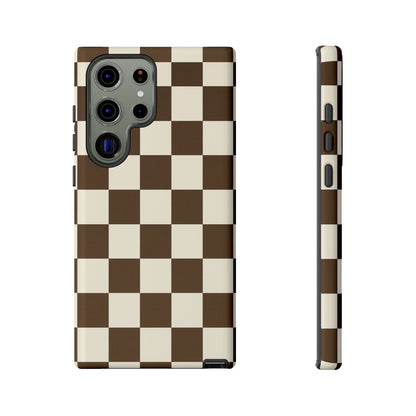 Mocha Checkerboard Phone Case | Neutral Aesthetic Checkered iPhone & Samsung Tough Case