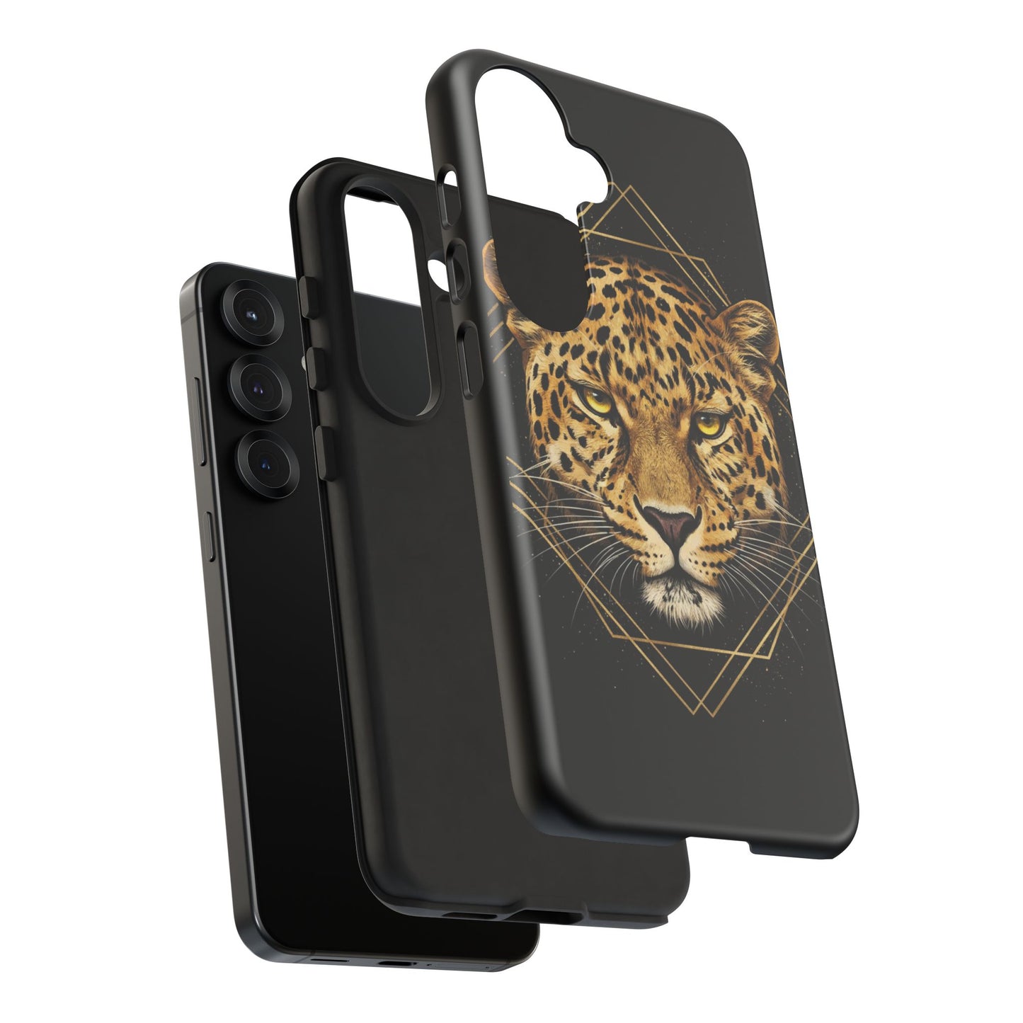 Leopard Head Geometric Phone Case – Black & Gold Luxe Tough Case
