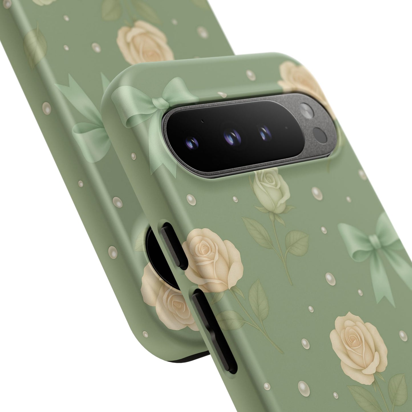 Vintage Rose Bow Phone Case – Sage Green Floral Coquette Aesthetic Tough Case (iPhone, Samsung, Pixel)