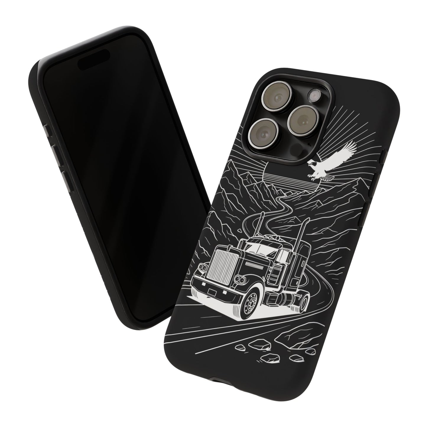 Trucker Highway Phone Case | Eagle & Mountain Line Art | Black Western Tough Case