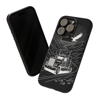 Trucker Highway Phone Case | Eagle & Mountain Line Art | Black Western Tough Case