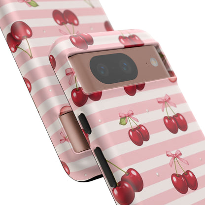 Coquette Cherry Bow Phone Case | Cute Pink Aesthetic Cherry Pattern Tough Case for iPhone & Samsung