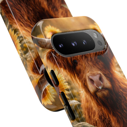 Highland Cow Sunflower Phone Case | Floral Farmhouse iPhone, Samsung Galaxy and Pixel Cover