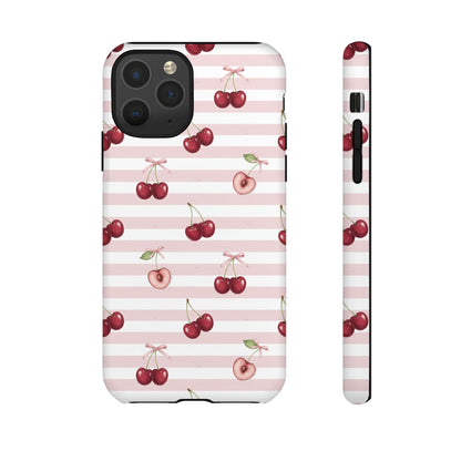Pink Cherry Stripe Phone Case | Cute Coquette Aesthetic Protective Tough Case