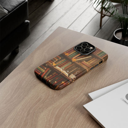 Cozy Vintage Bookshelf Phone Case, Library Aesthetic Book Stack, Autumn Coffee Vibes (iPhone, Samsung, Pixel)