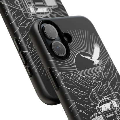 Trucker Highway Phone Case | Eagle & Mountain Line Art | Black Western Tough Case