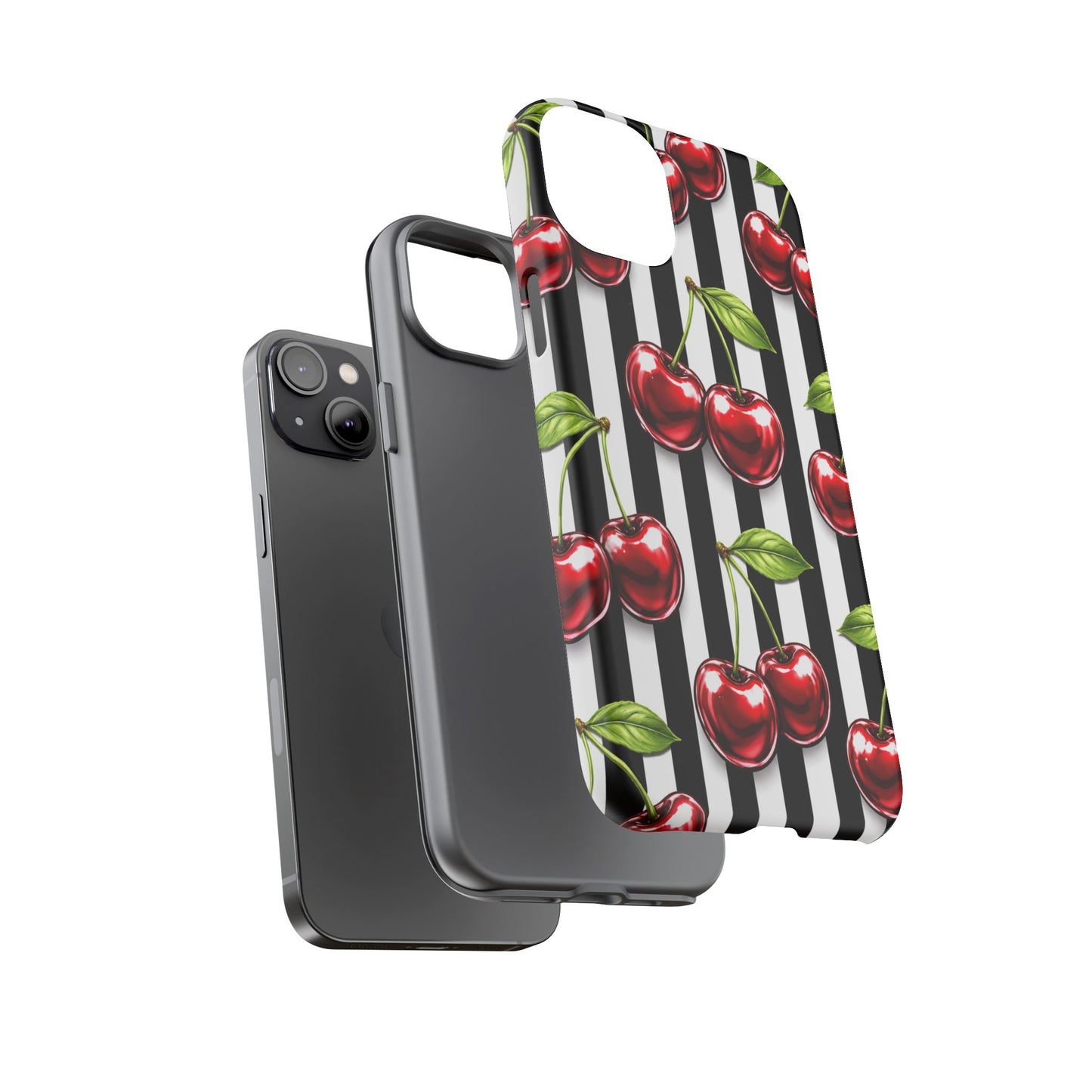 Cherry Pattern Phone Case Black White Stripe Retro Aesthetic Tough Cover