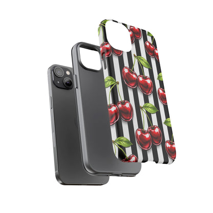 Cherry Pattern Phone Case Black White Stripe Retro Aesthetic Tough Cover