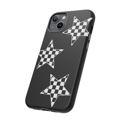 Checkered Star Tough Phone Case – Black Retro Graphic Protective Cover for Iphone, Samsung Galaxy and Pixel