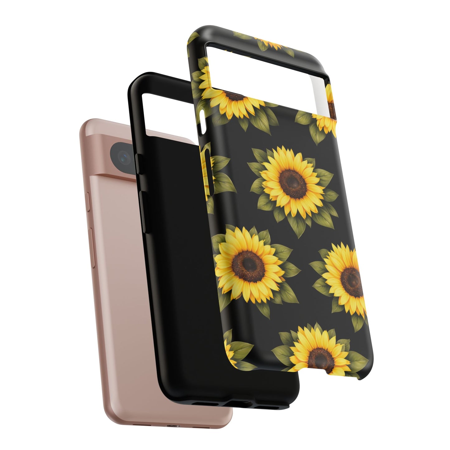 Sunflower Floral Tough Phone Case – Black Background Protective Cover for Iphone, Samsung Galaxy and Pixel