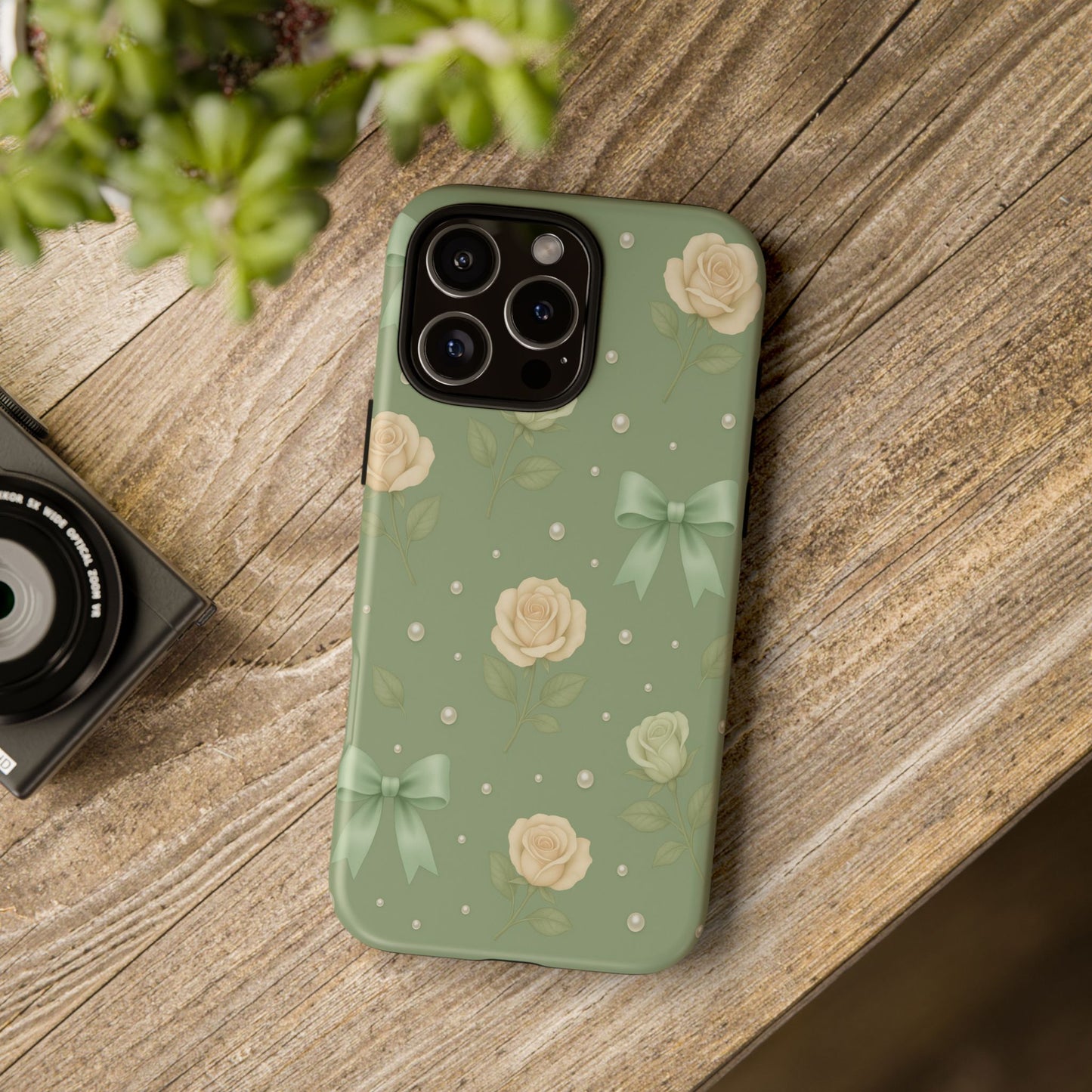 Vintage Rose Bow Phone Case – Sage Green Floral Coquette Aesthetic Tough Case (iPhone, Samsung, Pixel)