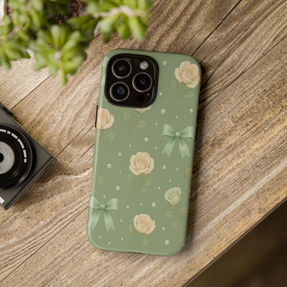 Vintage Rose Bow Phone Case – Sage Green Floral Coquette Aesthetic Tough Case (iPhone, Samsung, Pixel)