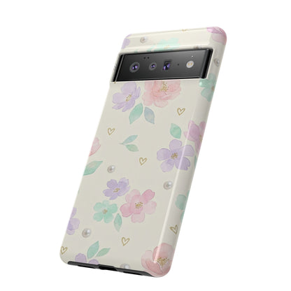 Pastel Floral Phone Case – Coquette Watercolor Flower Hearts Tough Case (iPhone, Samsung, Pixel)