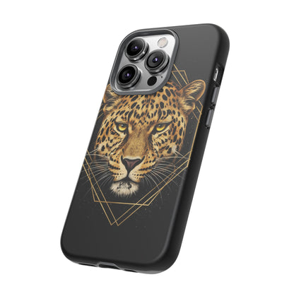 Leopard Head Geometric Phone Case – Black & Gold Luxe Tough Case