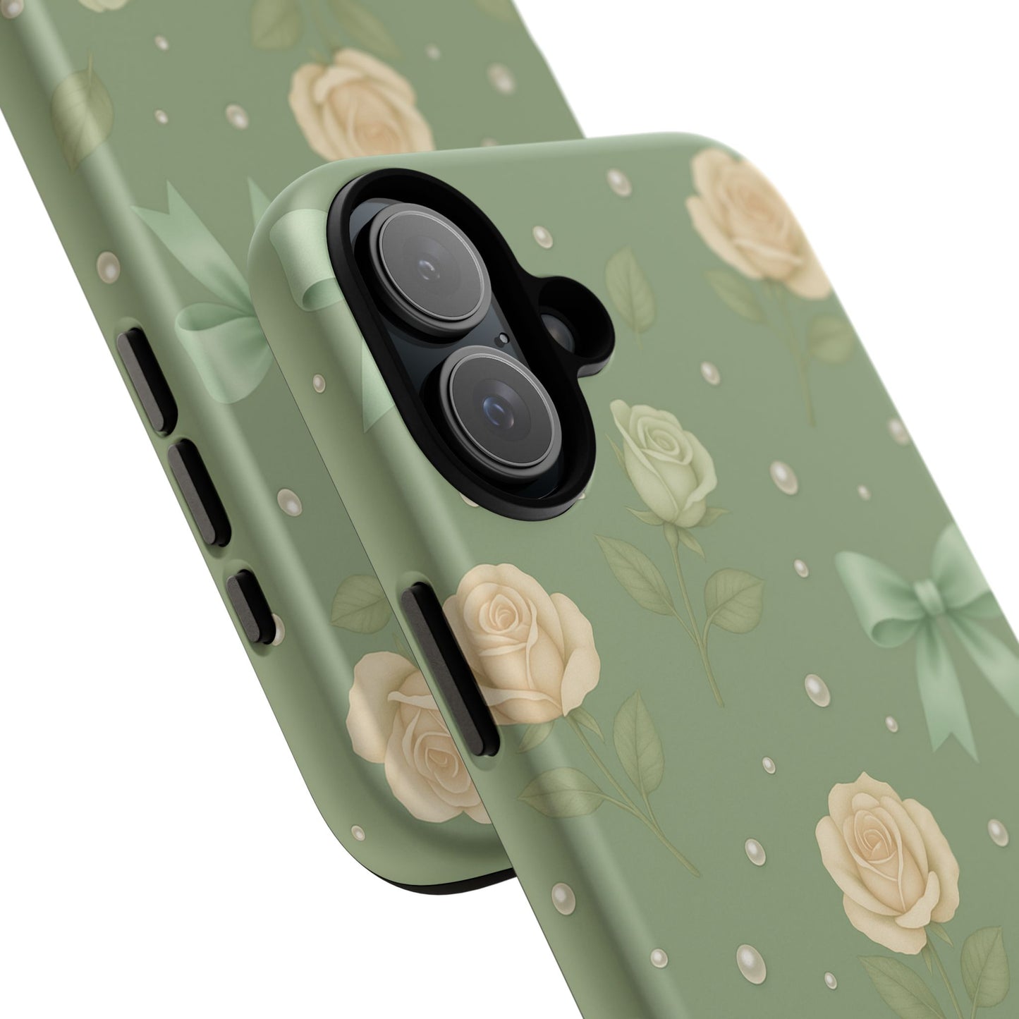 Vintage Rose Bow Phone Case – Sage Green Floral Coquette Aesthetic Tough Case (iPhone, Samsung, Pixel)