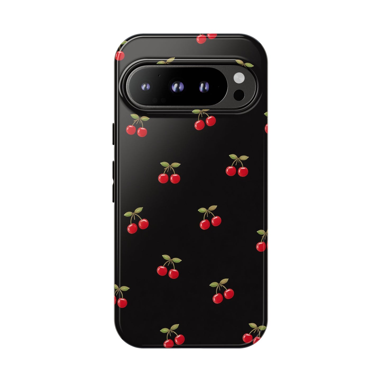 Cherry Pattern Phone Case — Slim Black Protective iPhone Case with Red Cherries for Iphone, Samsung Galaxy and Pixel