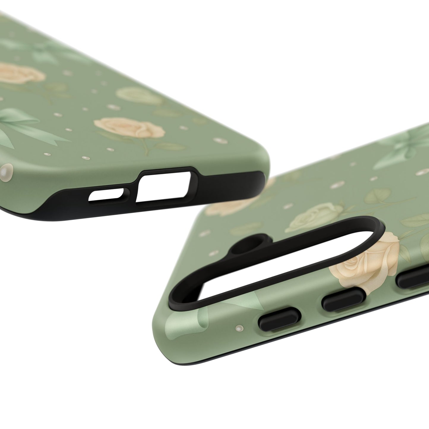 Vintage Rose Bow Phone Case – Sage Green Floral Coquette Aesthetic Tough Case (iPhone, Samsung, Pixel)