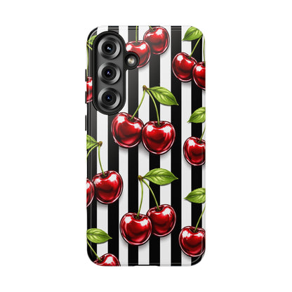 Cherry Pattern Phone Case Black White Stripe Retro Aesthetic Tough Cover