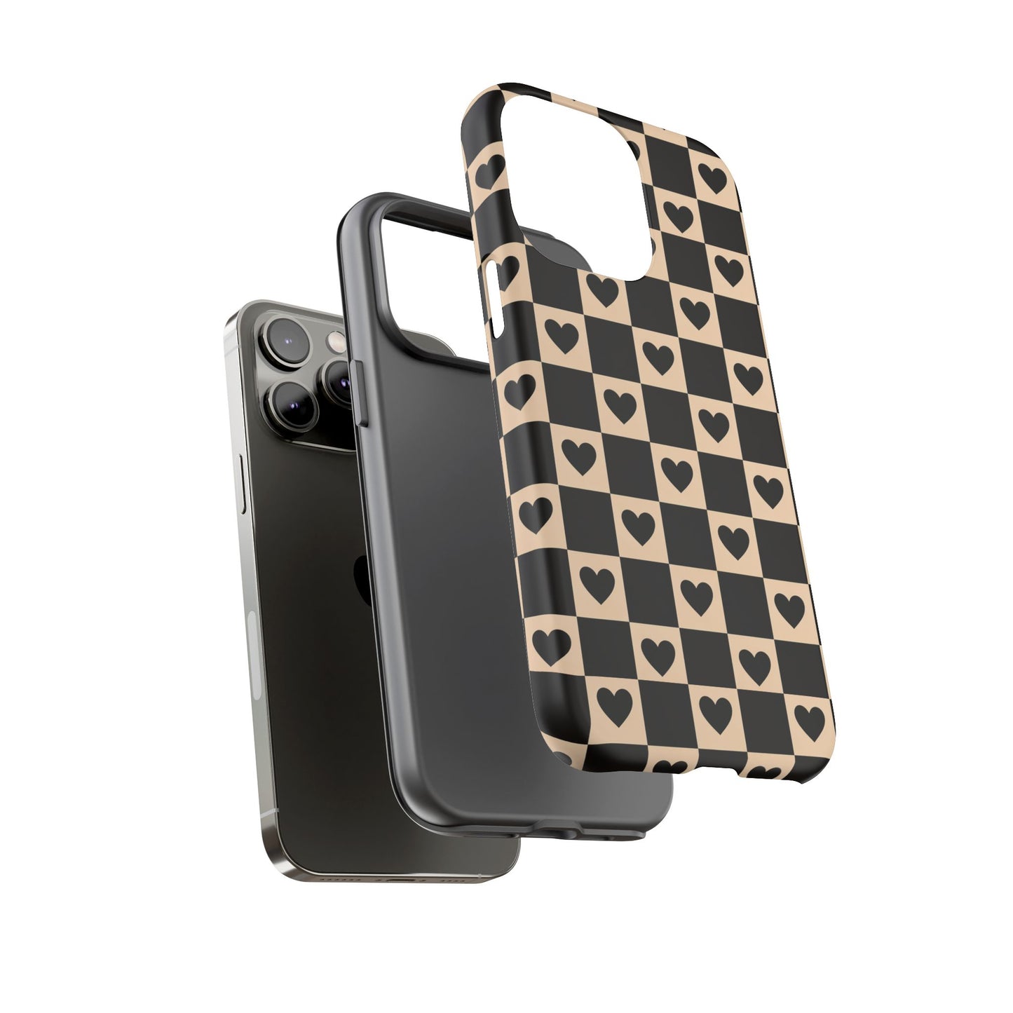 Checkerboard Heart Phone Case – Black & Beige Cute Aesthetic Protective Cover for Iphone, Samsung Galaxy and Pixel