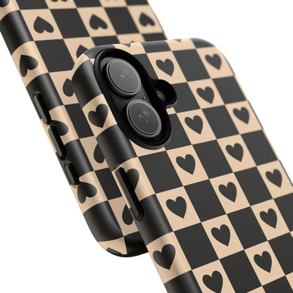 Checkerboard Heart Phone Case – Black & Beige Cute Aesthetic Protective Cover for Iphone, Samsung Galaxy and Pixel
