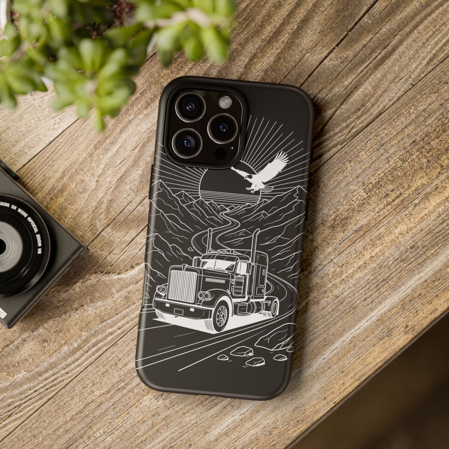 Trucker Highway Phone Case | Eagle & Mountain Line Art | Black Western Tough Case